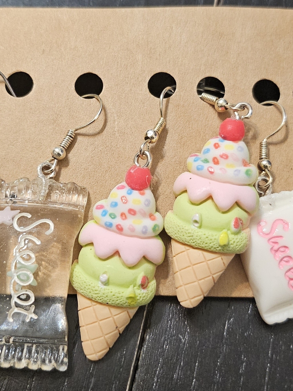 Kids Ice Cream Cone Dangle Earrings - Pink & Lime Sprinkles